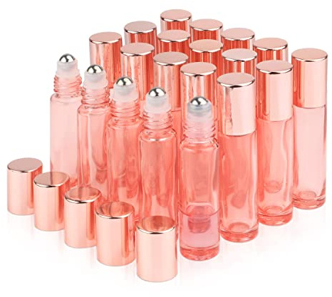 DMuuuDM Rosafarbene Rollflasche für ätherische Öle, leere Glasflaschen mit Edelstahl-Rollball, roségoldener Deckel, Glas-Rollerflasche für Ölmischungen, Parfümöffner und Pipette, 20 Stück