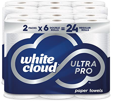 White Cloud Ultra Pro Ultra saugfähiges Einmalhandtücher Papierhandtuch, wählen Sie eine Größe aus, 2 Packungen mit je 6 Doppelrollen = 24 normale Rollen