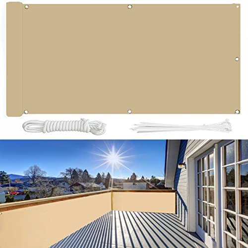 Balkon Sichtschutz 90×300cm Ohne Bohren, 100% Schutz der Privatsphäre,Blickdichte Balkonumspannung Windschutz UV-Schutz Gartenzaun Schwimmbad-Leitplanke,mit Ösen Kabelbinder und Kordel/Sandfarbe
