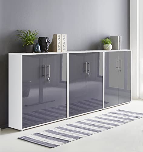 Schrankwand TABOR 9 Büroregal Aktenschrank Büroschrank abschließbar in diversen Farbvarianten (weiß/anthrazit Hochglanz, 6-türig)