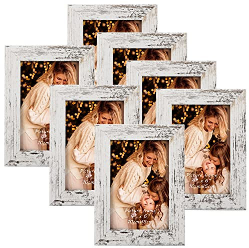 PETAFLOP 6x4 Photo Frames Set of 7, Distressd White Picture Frame Display 4 by 6 Inch Picture for Wall or Tabletop
