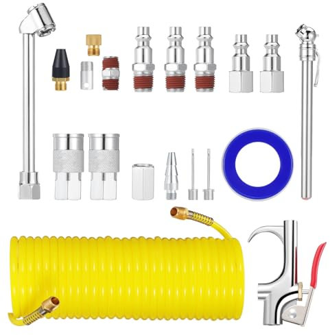 Fippy 20PCS Air Compressor Accessory Kit, Air Compressor Tool includes Recoil Air Hose, Air Duster Blow Gun and Nozzles, Air Compressor Fitting