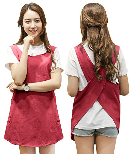 Verkurztes Design-Schurze, Japanischer Stil Baumwoll-Leinen Mit Zwei Seitentaschen, X-Kreuzgurt, Kuchenkochscheibe - Geeignet Fur Frauen, Handwerk, Kochen, Backen, Kaffee (Wine Red)