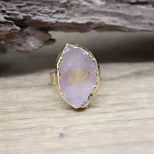 HGJH Verstellbarer Ring, Rohstein Gold Farbe Verstellbare Ringe Natürliche Rosenquarz Mode Band Ring Schmuck