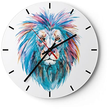 Modern Wanduhr Bunt Löwe Mähne 30x30cm Rund Klein Wand Uhr Glas Analog Zimmeruhren Küche Büro Wohnzimmer Glasuhr Wall Clock Dekoration Design Wanddekoration Küchenuhr C3AR30x30-4250