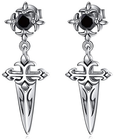 ONEFINITY Gothic Schwert Ohrringe 925 Sterling Silber Retro Mittelalter Obsidian Schwert Dolch Statement Schmuck Geschenke für Männer Frauen
