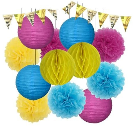 Baby Girl 1st Birthday Party Favor Pink Set Round Paper Lantern White Folding Honeycomb for Kids Boy Baptism Wedding Decor-Rose Blue Yellow,8inch(about 20cm)