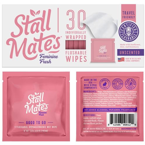 Stall Mates Wipes Feminine Fresh: Flushable, Individually Wrapped Feminine Wipes for Travel, Unscented and pH Balanced with Sunflower, Rosemary and Aloe (30 On-the-Go Singles)