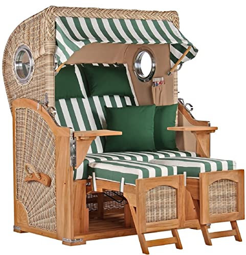 Strandkorb Teakholz Volllieger Strandstuhl Liegestuhl PE Geflecht Shell Düne TEAK Bullauge inkl. 4 Kissen+Wechselpolster - Strandkörbe aus Teak für Garten, Wintergarten und Terrassen (Dessin 561)