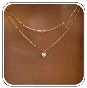 TseenYi Layered Crystal Pendant Necklace with Gold Round Solitaire CZ Chain Jewelry - Sparkling Bridal Gifts for Women and Girls
