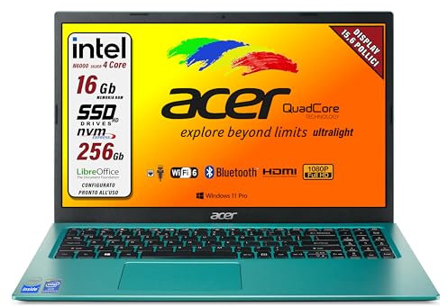 acer Portatile Intel, 4 Core N 6000, RAM 16 Gb, SSD M2 Pci da 256 Gb, Display FULLHD da 15,6, web cam, 3 usb, hdmi, bluetooth, lan, wi-fi, Garanzia Italia