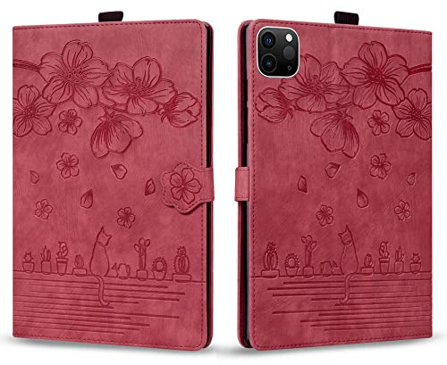 Rosbtib Hülle für iPad Pro 12.9 Zoll (2022/2021/2020/2018, 6th/5th/4th/3rd Generation) PU - Leder Flip Case Ständer TPU Cover Tasche Schutzhülle mit Kartenschlitz, Rot Kätzchen