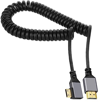 CY Mini HDMI 2.0 Male to HDMI Male 4K 60hz Stretch Coiled Cable Left Angled 90 Degree for HDTV Computer Laptop Monitor