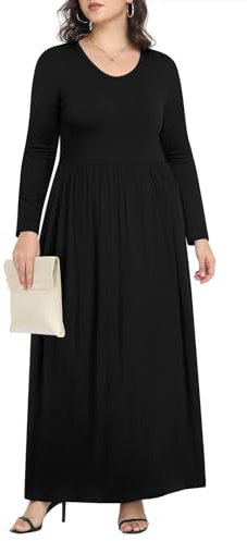 POPYOUNG Autumn-Winter Women's Maxi Dress Casual Long Sleeves Long Dresses for Laydies with Pockets M,Black