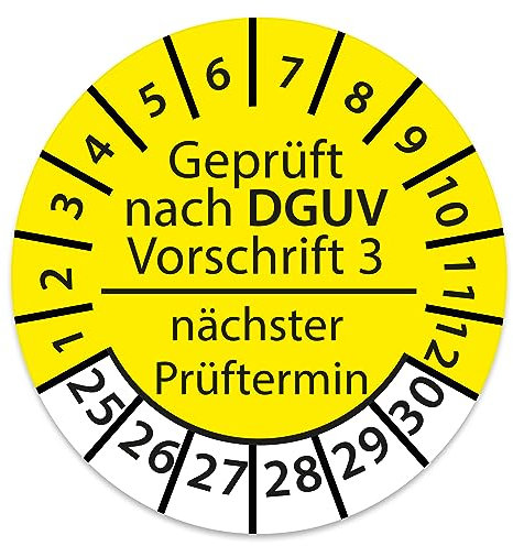 Prüfplakette DGUV V3 Nächster Prüftermin E-Check Elektro - 2025-2030 - Wasserfest/UV-Schutz - 30mm Plakette für Tritte Leitern Feuerlöscher Maschinen (1.000 Stk., DGUV V3 - Gelb)