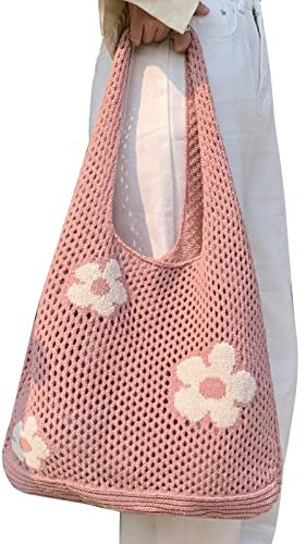 Facynde Strick-Einkaufstasche | Gehäkelte Tragetasche mit Blumenmuster | Sommer Ästhetische Stricktasche Gestrickte Umhängetasche Ästhetik für Frauen