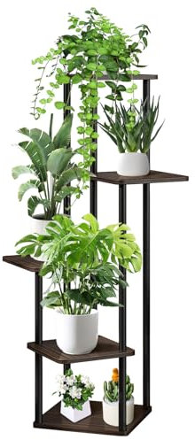 VASZOLA Scaffale portavasi alto con 5 ripiani, in metallo, angolare, per riporre, esporre e organizzare vasi di fiori e piante, per balcone, giardino, interni ed esterni (rovere nero)