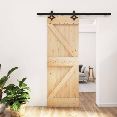 Homgoday Schiebetür mit Beschlag Schiebetürsystem Schiebetürbeschlag Holztür Tür Holzschiebetür Innentür Zimmertür Schiebetuer 70x210 cm Massivholz Kiefer