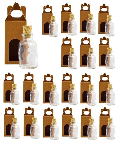Espirito Rebelde Lot 20 Bouteilles en Verre de 30 ml avec Bouchon en Liège et 20 boîtes - Idéales pour la décoration, le stockage d'épices et les cadeaux chics pour mariages