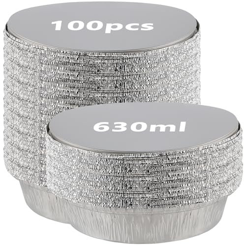 LEXININ 100 Pack 630ml Aluminum Foil Pie Dishes, 7 Inch Disposable Round Foil Trays with Lids for Baking Cooking Roasting