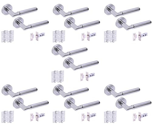 HANDLEZONE® 7 Sets Lacerta Premium Internal Door Handles on Rose Lever Latch Packs with 75mm Ball Bearing Hinges and 76mm Latches - Dual Polished/Satin Chrome