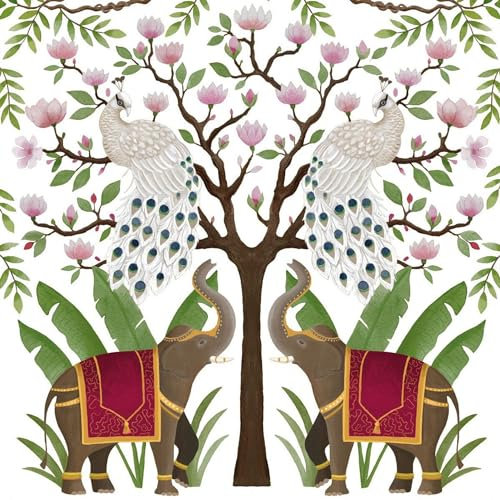 20 Servietten Tiermotive Elefanten und Pfauen am Baum als Tischdeko. Papierservietten mit Motiv. Auch für Decoupage und Serviettentechnik 33x33cm