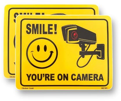 2 PACK - Small 11cm X 8.5cm SMILE YOUR ON CAMERA CCTV Self Adhesive Stickers - Yellow/Black, Sign, Warning, Private Property, Surveillance