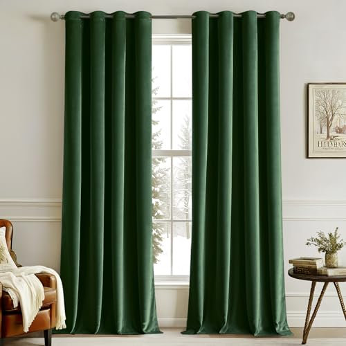 MIULEE Vorhang Samt Dunkelgrün mit Ösen 140x245 cm, Super Weich Samtvorhang für Deko Schlafzimmer Wohnzimmer, 2 Stück Samt Gardinen Blickdicht Verdunkelung, Dicker Thermovorhang Winter