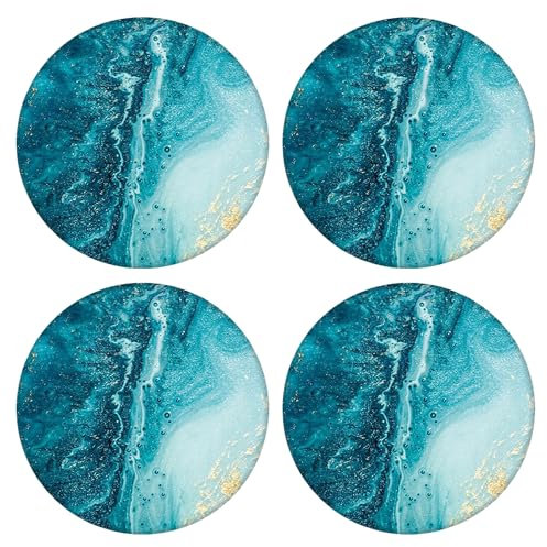 NYGGTYK Lot de 4 dessous de verre en céramique, dessous de verre en marbre bleu, sous-verres ronds, décorations de table, base en liège antidérapant, ensemble de sous-verres marins, décoration de