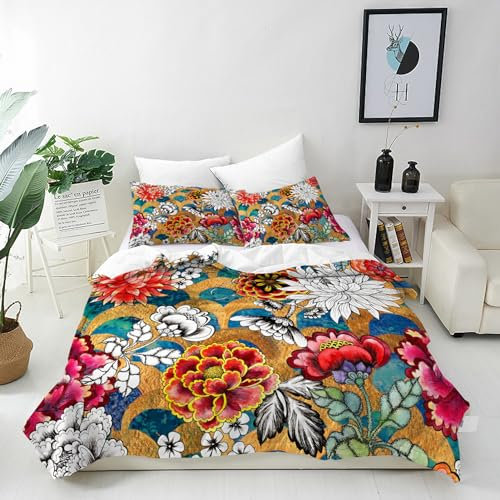 ANHOPE Florale Fisch Skala Karpfen Bettwäsche Set 3 Teilig Bettbezug 155x220 cm & 2 Kissenbezug 80x80 cm Microfaser Bettbezüge mit Reißverschluss Weich Bettdeckenbezug Set für Kinder Mädchen