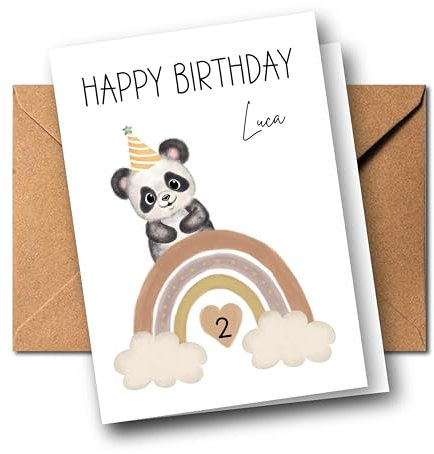 Personalisierte Kinder Glückwunschkarte zum 1. 2. 3. 4. 5. 6. 7. usw. Geburtstag Grußkarte Geburtstagskarte Faltkarte Kindergeburtstag mit Name verschiedene Tiermotive Boho Regenbogen (Panda)