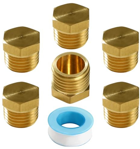 Lyeteung 6 Pezzi G1/4 Tappo in Ottone Filettatura Esterna, Tappo Esagonale in Ottone, Tappo Cieco in Ottone, con Nastro Idraulico, per Lavatrice Valvola Radiatore Valvola