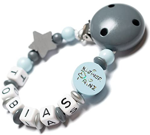 Personalisierte Baby Schnullerkette mit Namen – Verschiedene Modelle für Jungen und Mädchen, Perfektes Geschenk für Babys (grau, kleiner Prinz)