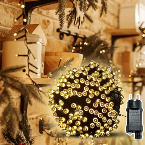 Soontrans Lichterkette 30m mit 300 LEDs inkl. Aufroll-Rad, Cluster Lichterkette Büschellichterkette Warmweiß Licht & 8 Leuchtmodi & Speicherfunktion & Trafo & IP44 Wasserdicht für Innen und Außen