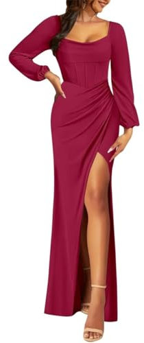 Damen Langarm Brautjungfernkleider Meerjungfrau Bustier Rüschen Chiffon Formeller Schlitz Ballkleid, Desert Rose, 54