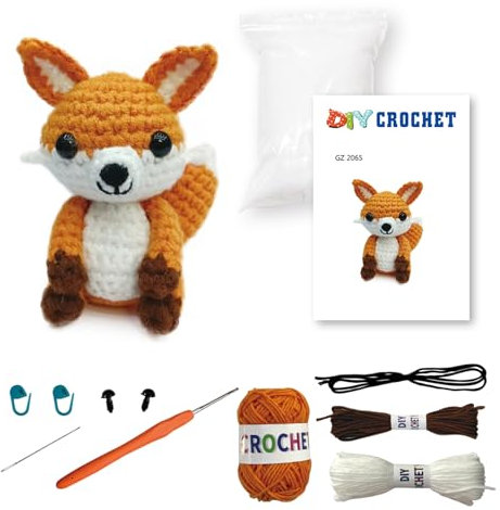 Häkelpaket für Anfänger, Häkelpaket mit Garn, DIY-Häkelpaket für Anfänger, Tiere Häkeln für Anfänger Set, Strickset mit Häkelnadeln, Schritt-für-Schritt-Videoanleitungen Garn Häkelnadel (Fuchs)