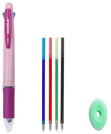 MROOFUL Stylos à bille effaçables 4 en 1 multicolores - 4 couleurs - Stylo à bille rétractable de 0,5 mm - Stylos à encre multicolore pour bureau, école, étudiants, enfants, cadeau (rose macaron)