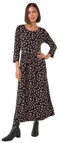 Roman Originals Maxi Dress with Pockets for Women UK Ladies Stretchy Jersey Midi Elasticated Gathered High Waist Skater Swing Fit Flare Office Work Smart Casual Boho - Noir Pink - Size 14