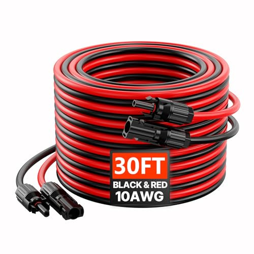 VEVOR Câble d'Extension de Panneau Solaire, 9,14 m, 10 AWG, avec Connecteurs Femelles et Mâles, CC 1500 V, Étanche IP67, pour Panneaux Solaires Domestiques, de Bateaux, Camping-cars, Toits, Lot de 2