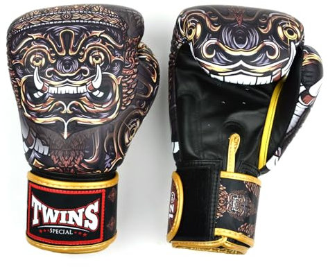 Twins Special FBGVL4 Printed Design Leather Boxing Gloves, Hook & Loop Closure, For Muay Thai, Boxing, Kickboxing & MMA Training & Sparring (Yakthai, 10oz)