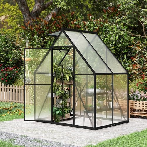 Aufun Serre de qualité supérieure en aluminium de 2,25 m² avec fondation de 6 cm et plaque de PC de 4 mm - Résistant aux UV - Résistant aux intempéries - Pour jardin - 125 x 180 x 195 cm