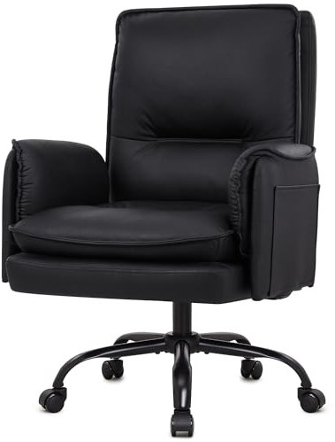 IWMH Bürostuhl, PU Leder Ergonomischer Schreibtischstuhl, Verdickte Kissen Breiten Sitz Chefsessel mit Rollen,90-135° Reclining Drehstuhl Schminktisch Stuhl Höhenverstellbarer mit Armlehne (Schwarz)