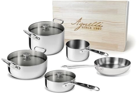 Agnelli - Set di Pentole 8 Pezzi – Acciaio 5-Ply con Scatola in Legno