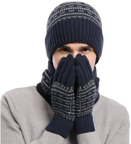 KRUIHAN Mütze Schal Set Herren mit Handschuhe Touchscreen,Strick Fleece Beanie Mütze und Schlauchschal Herren Warme Handschuhe Männer Winter 3-Teiliges Geschenkset für Männer und Jugendlich