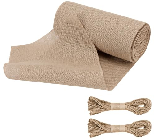 NAMYEUT 15m Jute Tischläufer 30cm Breit, Juteband Juteläufer Rolle Natur Jutestoff Rolle Zuschneidbar mit 100 m Jute Schnur für DIY, Geburtstage, Hochzeiten, Rustikale Tisch Dekoration