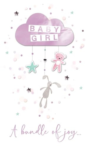 SECOND NATURE Large Embellished A4 New Baby Girl Greeting Card Congratulations Bundle Of Joy - All For One Enchanting Design, Keepsake, Heartfelt Wishes, Sustainable, Teddy And Bunny Themes