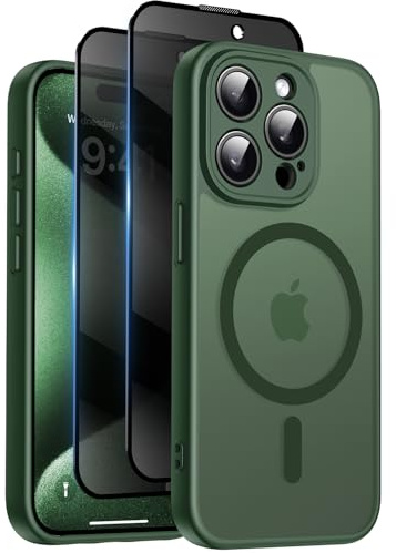 Qasyfanc for iPhone 15 Pro Case, Privacy Screen Protectors X2, Green | Compatible with MagSafe, Camera Protection, 15FT Military Drop Protection, Translucent Matte Shockproof Phone Cover