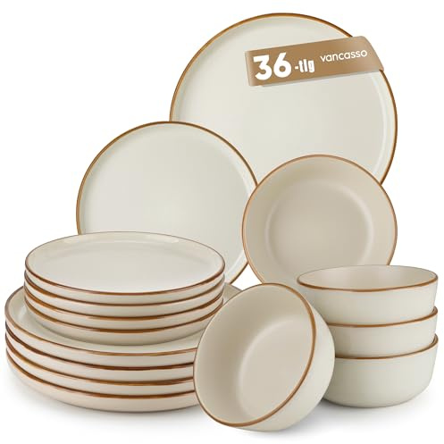 Set de vaisselle 12 personnes, vancasso RENO Ensemble de vaisselle en grès 36 pièces, service de table moderne, assiettes, assiettes à dessert, bols à céréales, résistant aux rayures, lavable au