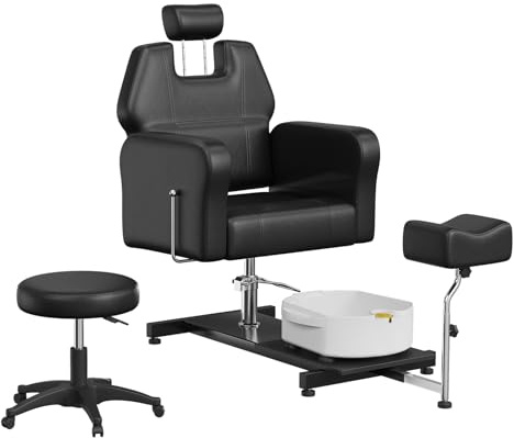 Fauteuil de pédicure inclinable avec levage hydraulique, tabouret, repose-pieds et bac de massage intégré. Fauteuil pivotant à 360°, réglable, idéal pour salon, spa ou usage domestique. Noir.