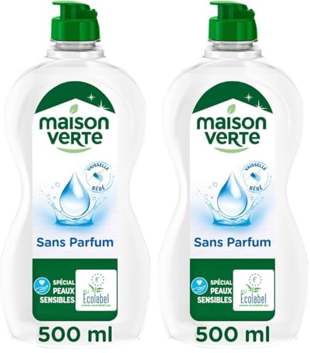 Maison Verte - Sensitive - Liquide Vaisselle - 0% Allergènes Parfum - Dégraissant à Froid - Pour Peaux Sensibles - 95% d'ingrédients d'origine naturelle - 500ml (Lot de 2)